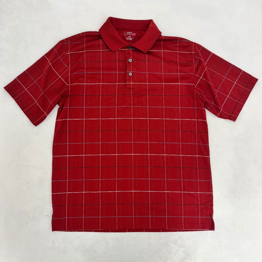 PGA Tour Mens Size L‎ Golf Polo Shirt Red Plaid Short Sleeve Summer Outdoor